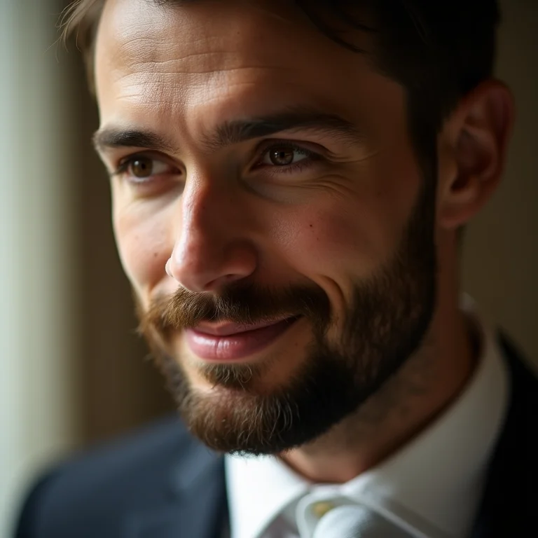 Detalhe do rosto do noivo com barba bem cuidada