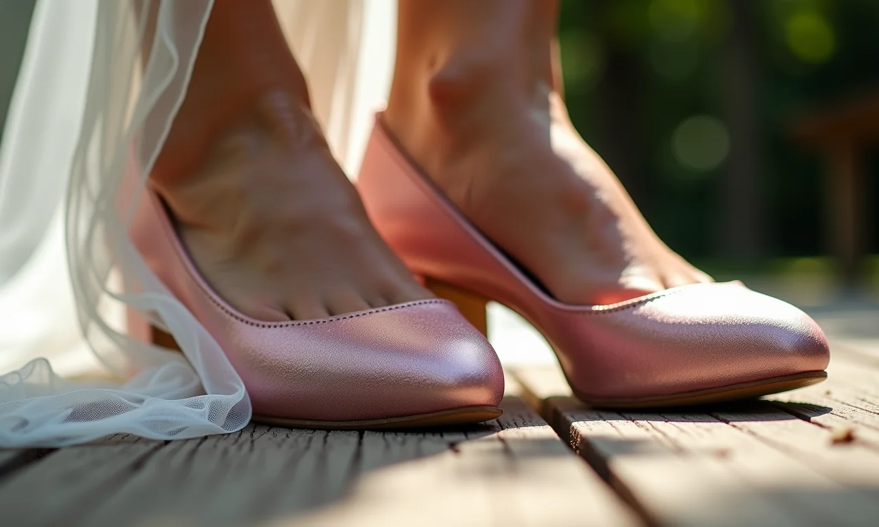 Detalhe dos sapatos da madrinha mostrando a combinação de cores e materiais.