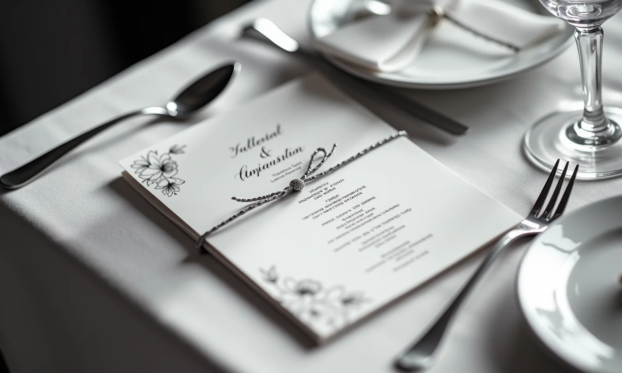 Detalhes da decoração de casamento em preto e branco: convites elegantes, lembrancinhas personalizadas e mesas sofisticadas.