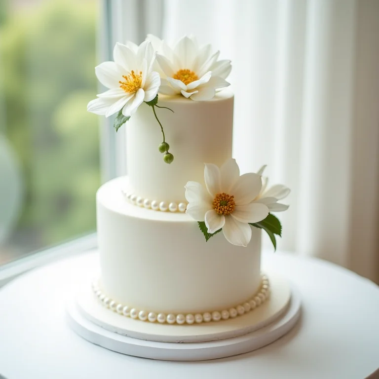 Detalhes de açúcar e pérolas em bolo de casamento branco.