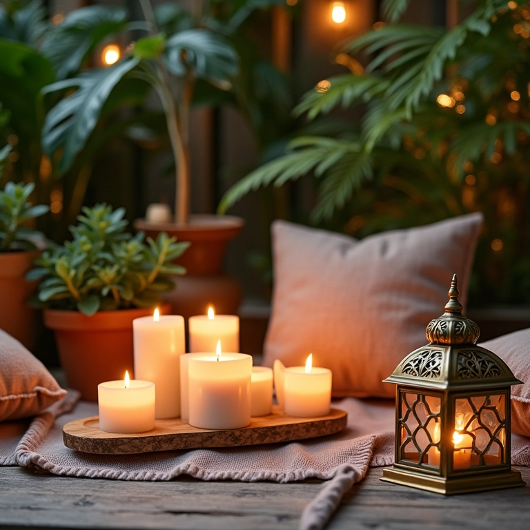 Detalhes de decoração ao ar livre, velas e almofadas.