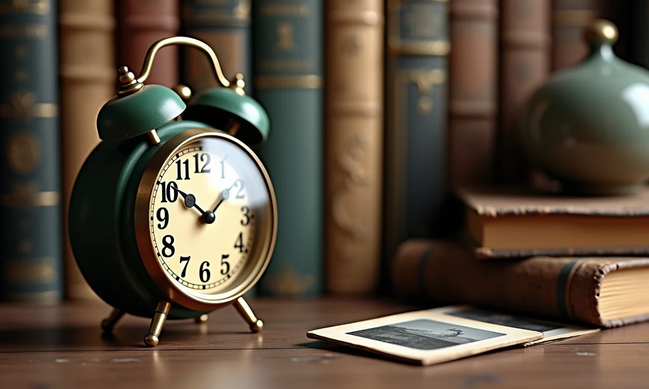 Detalhes decorativos vintage: relógio antigo e livros retrô.