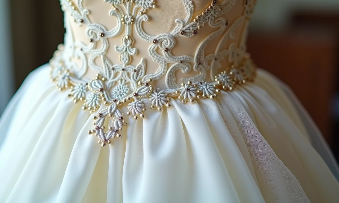 Detalhes dos tecidos e acabamentos de um vestido de noiva princesa.