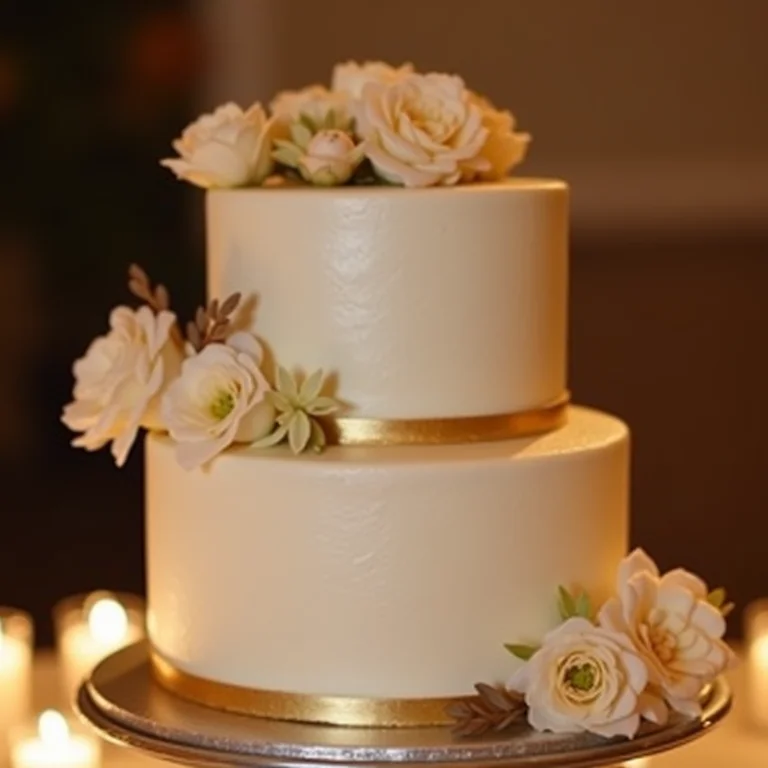 Detalhes dourados em bolo de casamento branco à luz de velas.