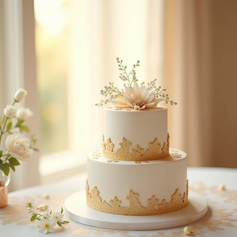 Detalhes dourados em bolo de casamento branco.
