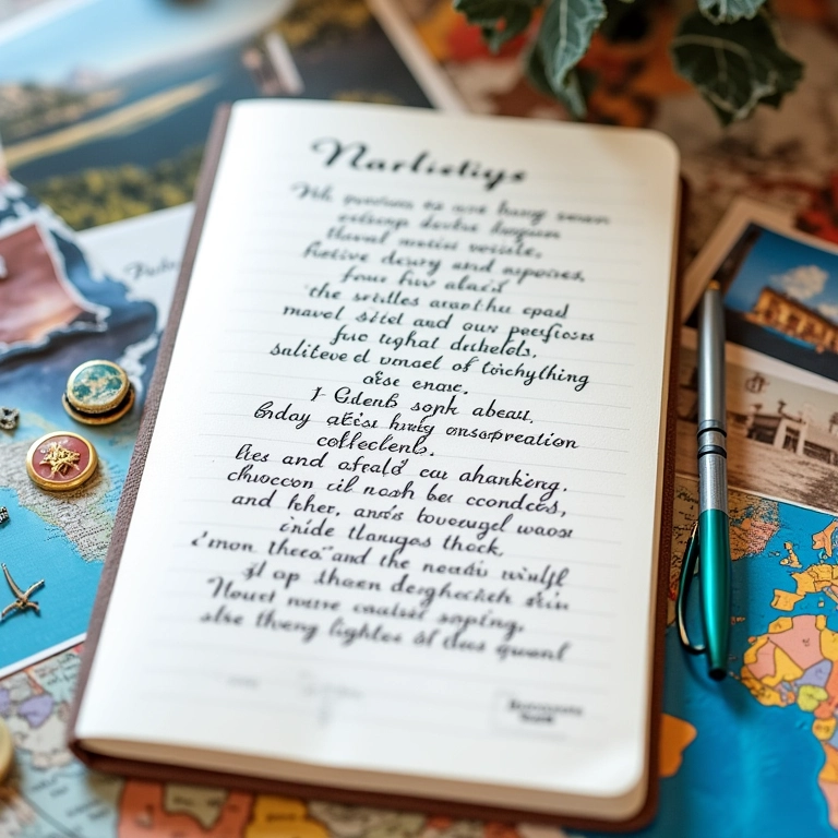 Diário de viagem aberto com exemplos de perguntas para guiar a escrita.