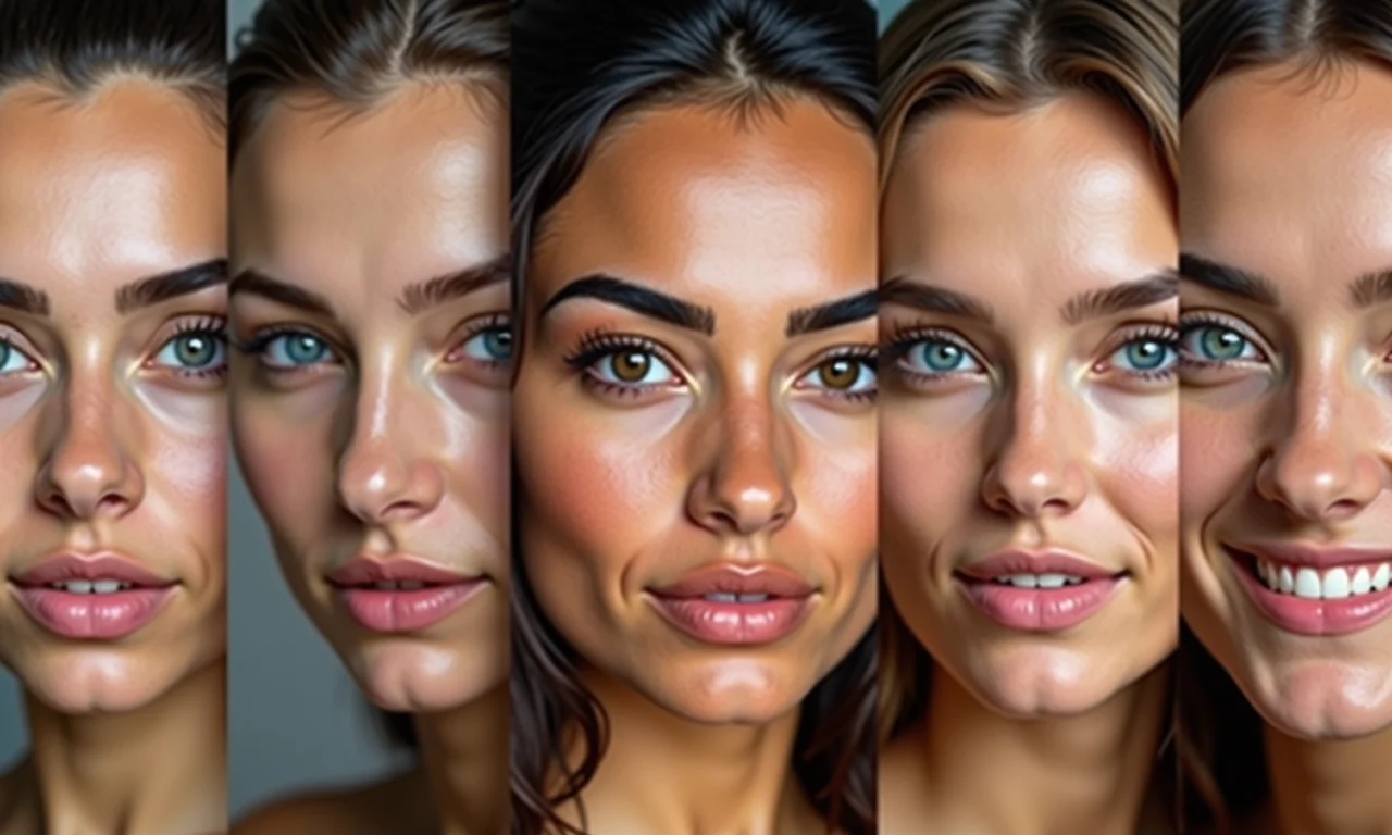 Diferentes formatos de design de sobrancelhas valorizando diversos tipos de rosto.