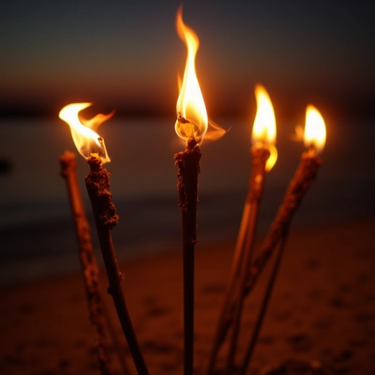 Diferentes tipos de tochas para casamento na praia: bambu, metal, citronela.