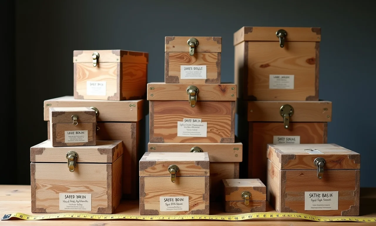 Diversos tamanhos de caixas de madeira rústicas empilhadas com fita métrica.