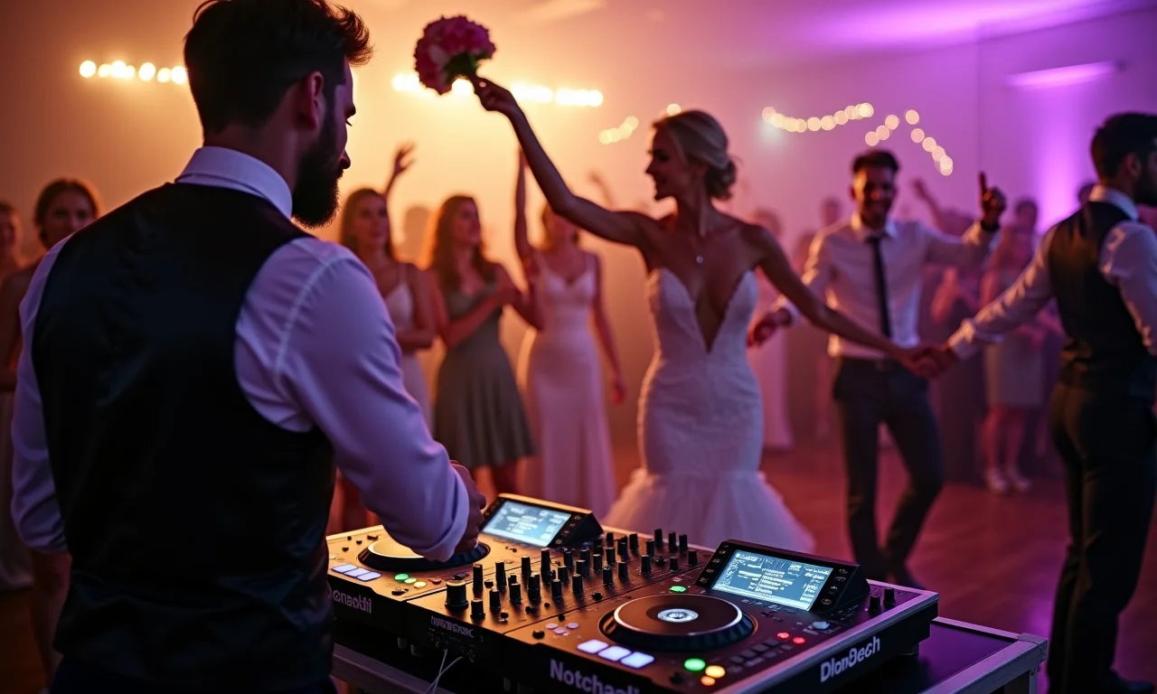 DJ tocando música enquanto a noiva joga o buquê.