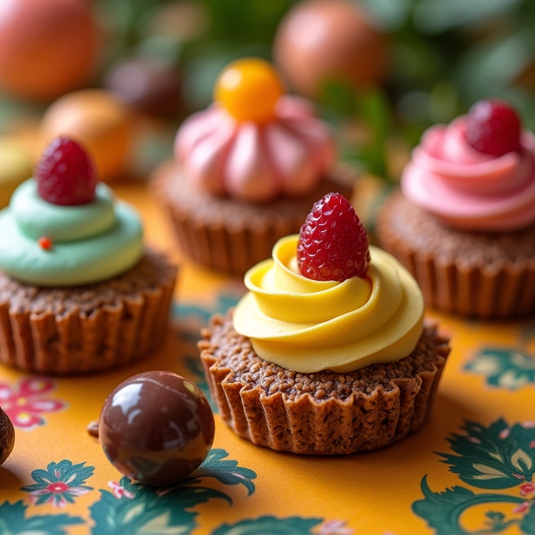 Doces artísticos delicadamente decorados em mesa vibrante, estilo brasileiro.