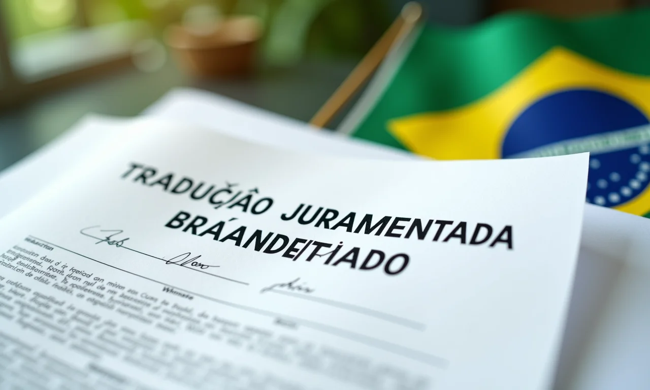 Documento de Tradução Juramentada com selo e a bandeira brasileira ao fundo.