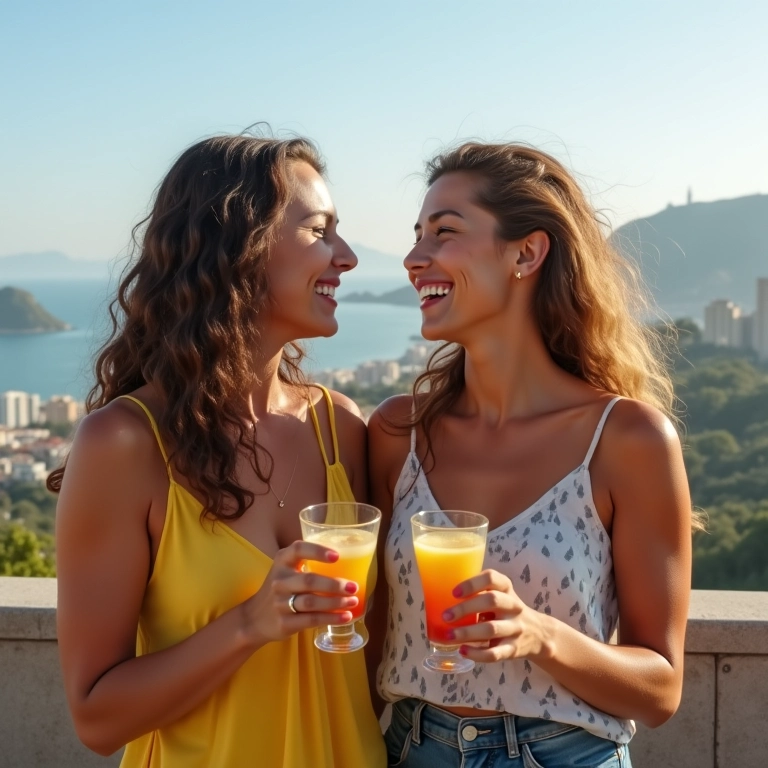 Duas amigas se abraçando em rooftop no Rio de Janeiro com caipirinhas.
