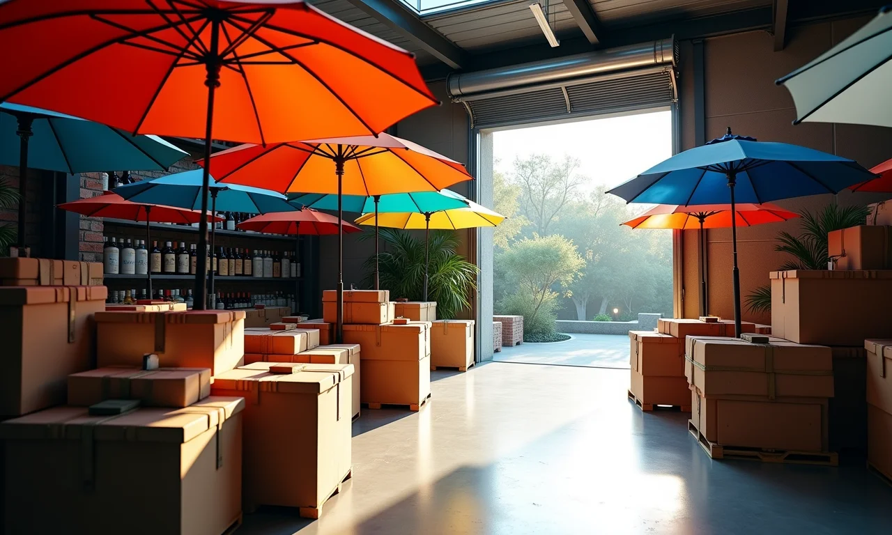 Empresa de aluguel de ombrelones com estoque organizado.