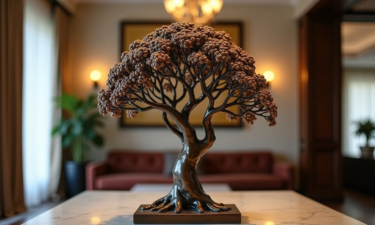 Escultura de bronze de galhos entrelaçados, simbolizando árvore genealógica.