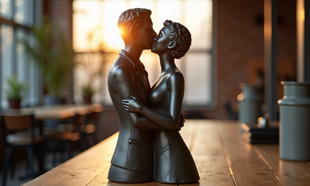 Escultura de ferro representando casal abraçado, simbolizando bodas de ferro.