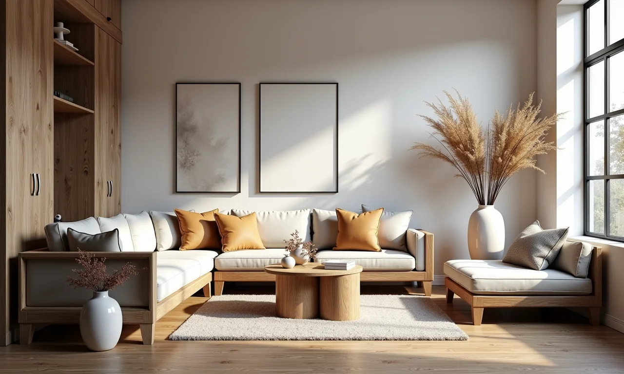 Espaço equilibrado com móveis de madeira rústica e decoração elegante.