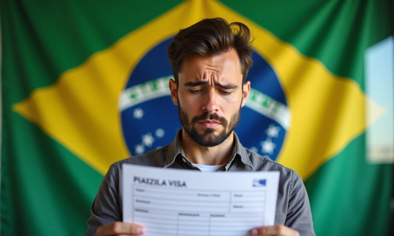 Estrangeiro analisa formulário de visto brasileiro com a bandeira ao fundo.