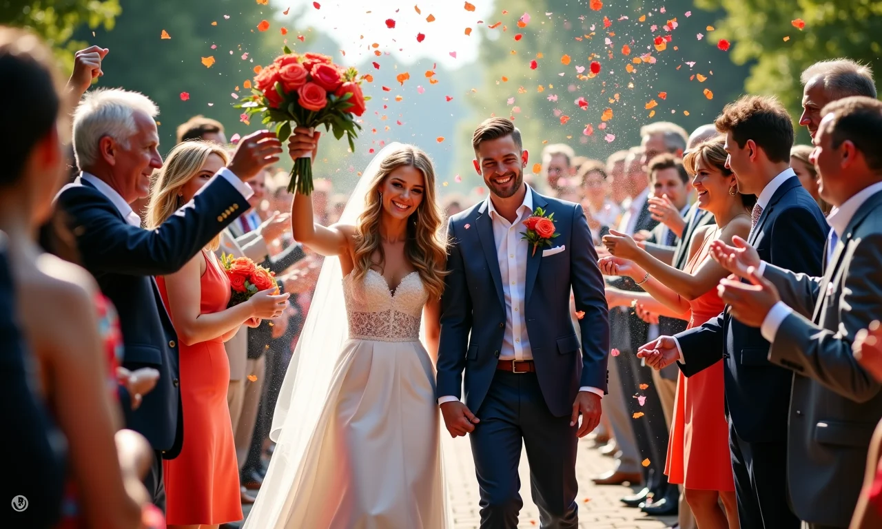 Explosão de confetes coloridos em um cortejo de saída.