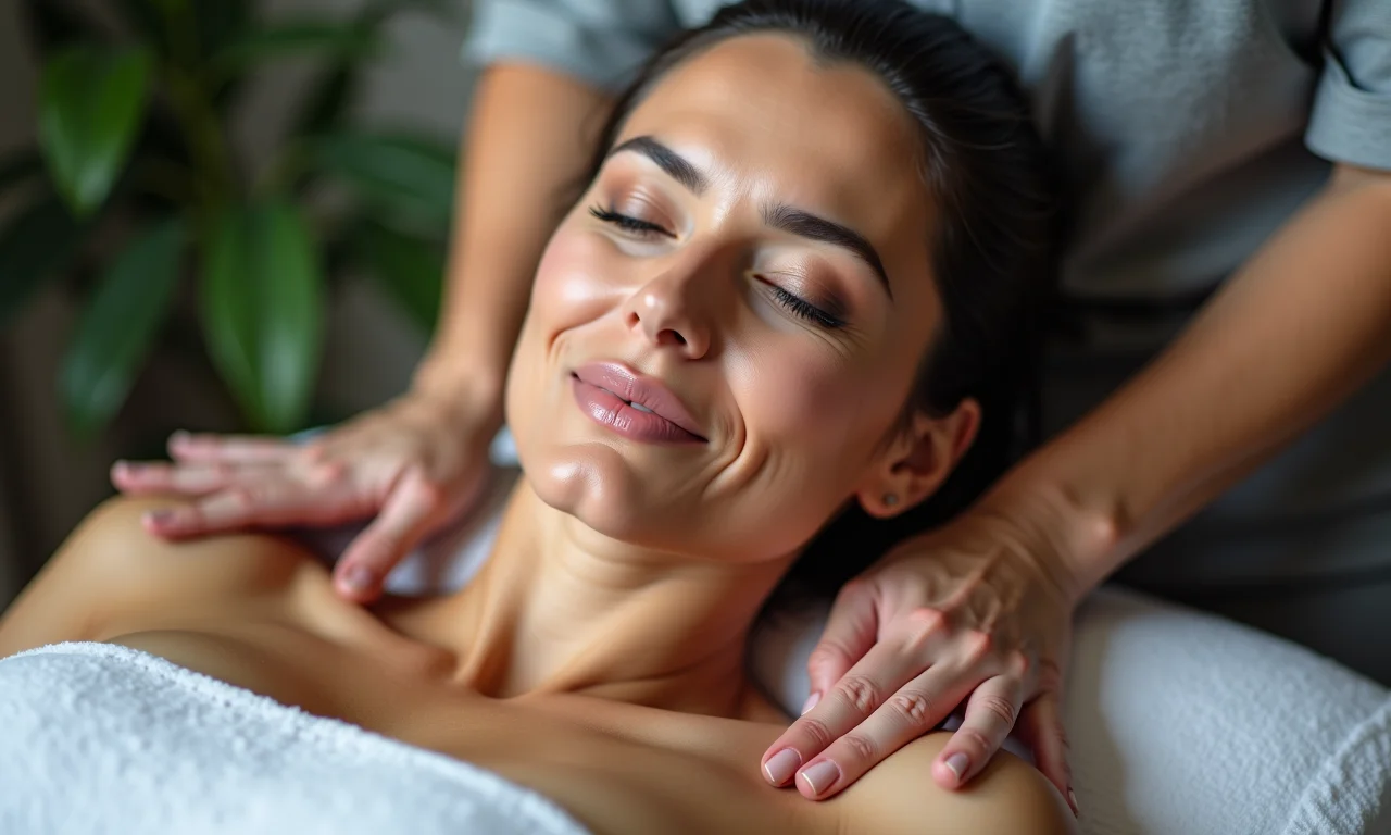 Expressão de leve desconforto durante massagem, com terapeuta ajustando pressão.