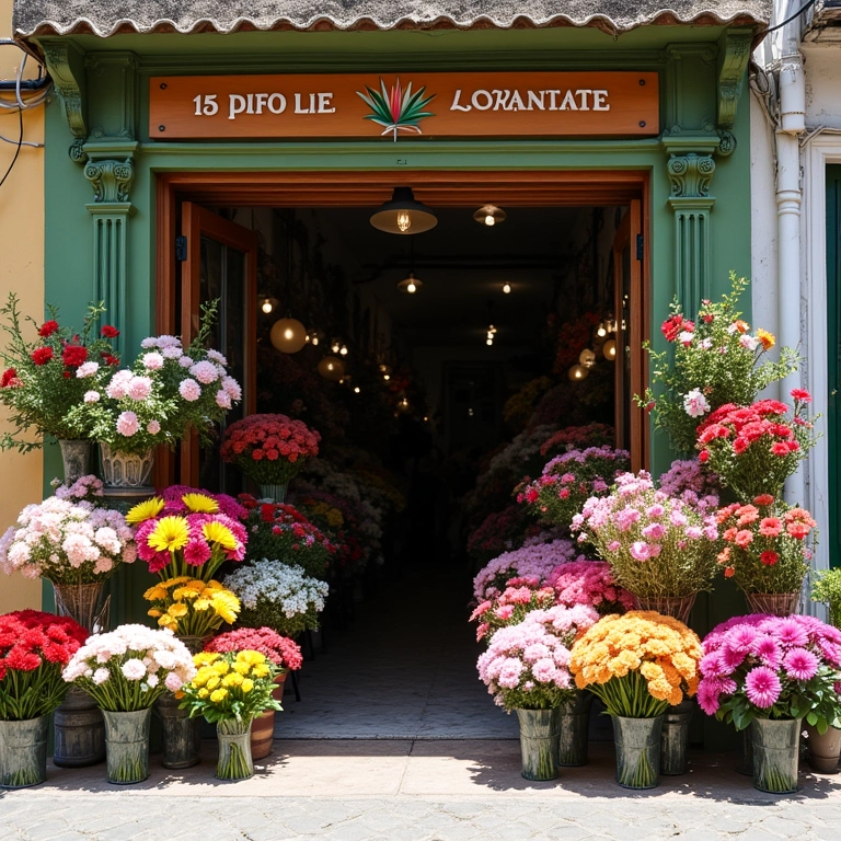 Fachada de floricultura local com buquês coloridos.