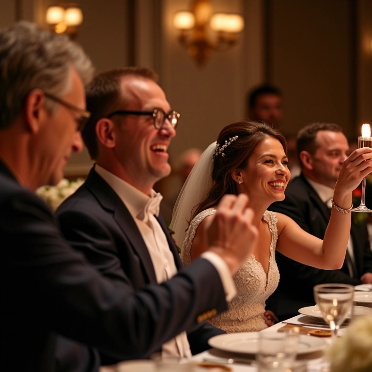 Família estendida brindando aos noivos, incluindo avós no casamento.