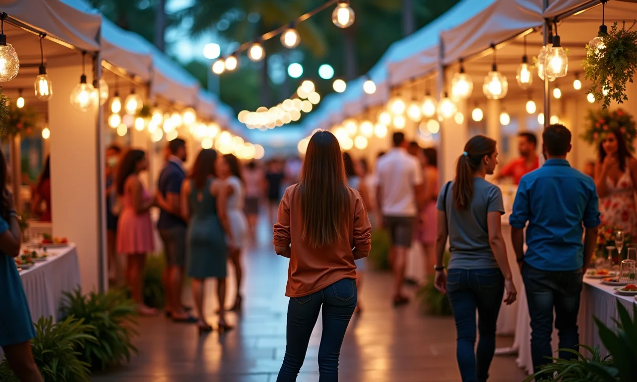 Feira de casamento movimentada com diversos fornecedores expondo seus serviços.