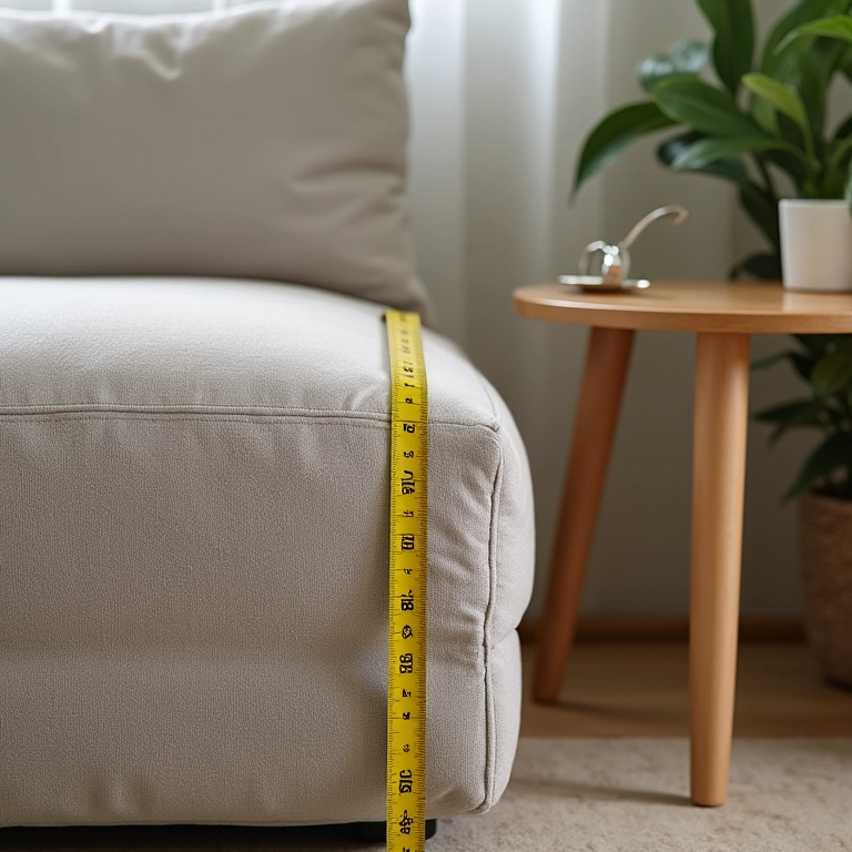 Fita métrica ao lado de um sofá e mesa lateral, conceito de design de interiores.