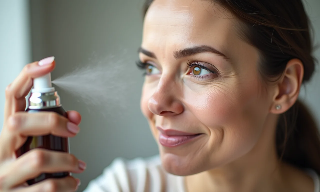 Fixação da maquiagem com spray fixador.