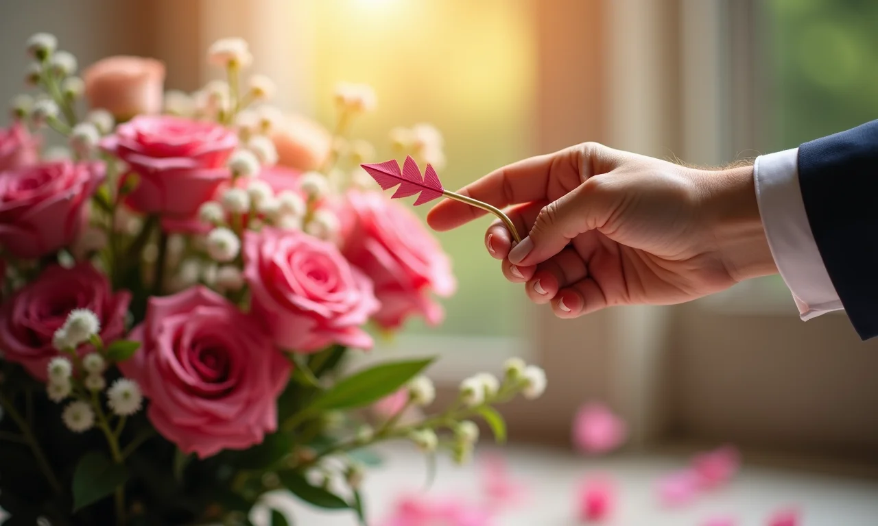 Flecha do cupido apontando para um buquê, decoração de casamento.