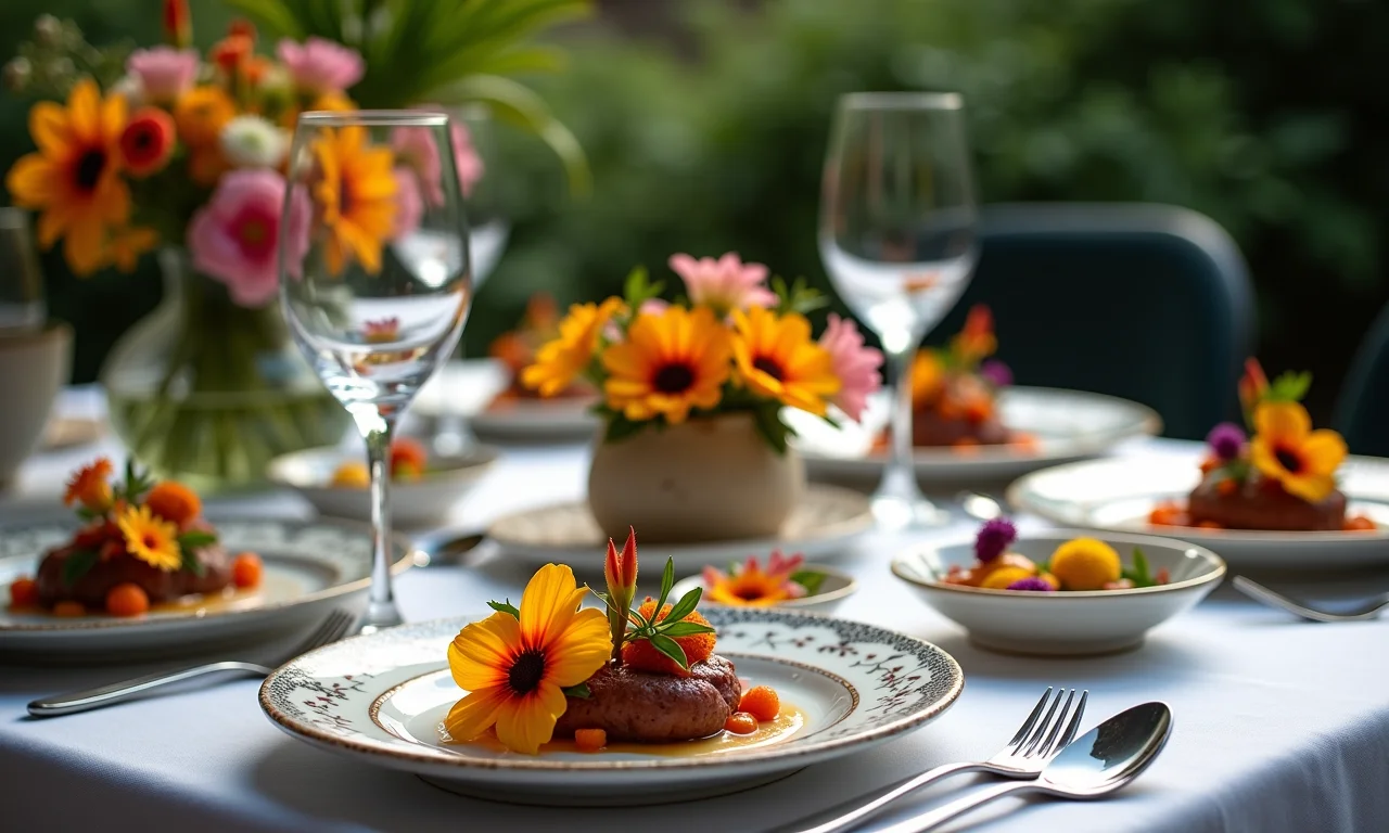 Flores comestíveis na decoração de uma mesa elegante.