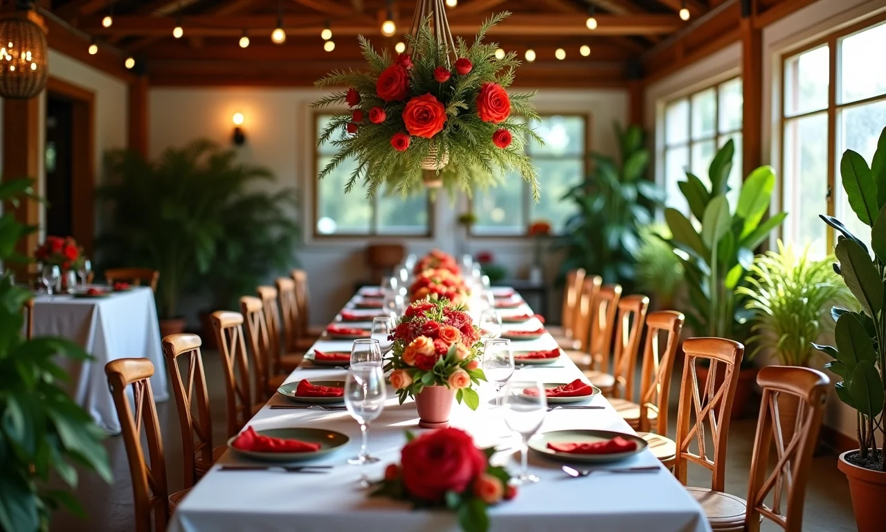 Flores e plantas exuberantes em uma recepção de casamento para fotos incríveis.
