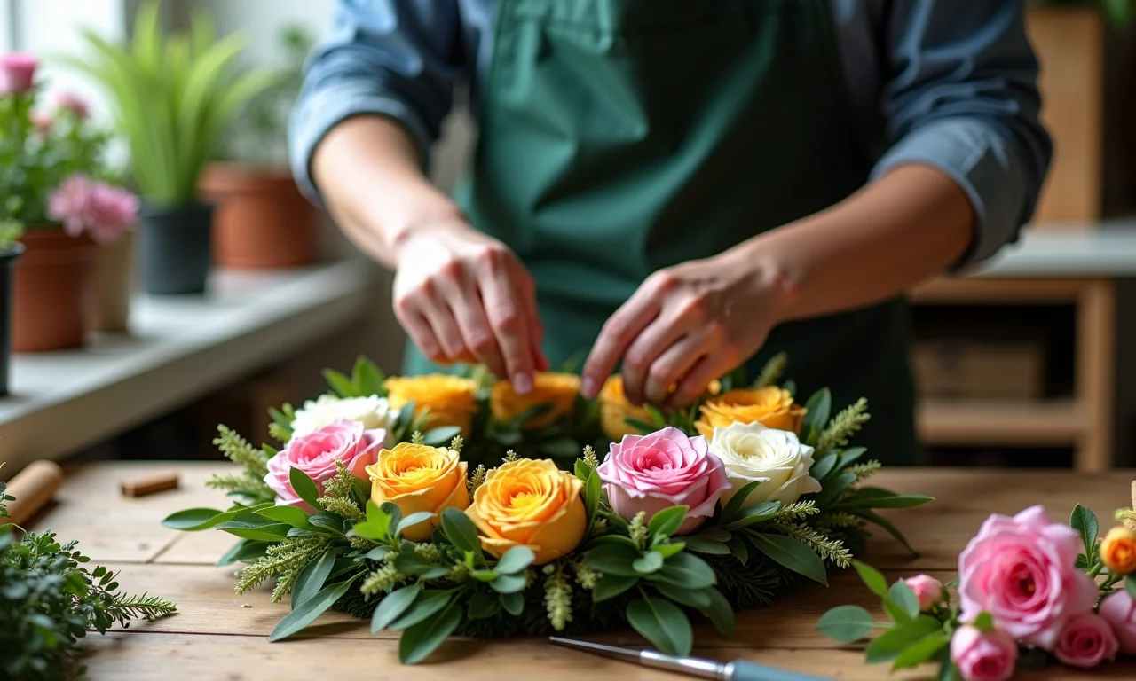 Florista experiente criando arranjo aéreo circular.