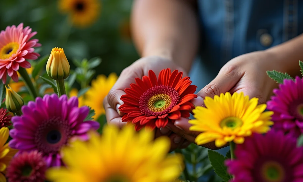 Florista local criando arranjo floral vibrante.