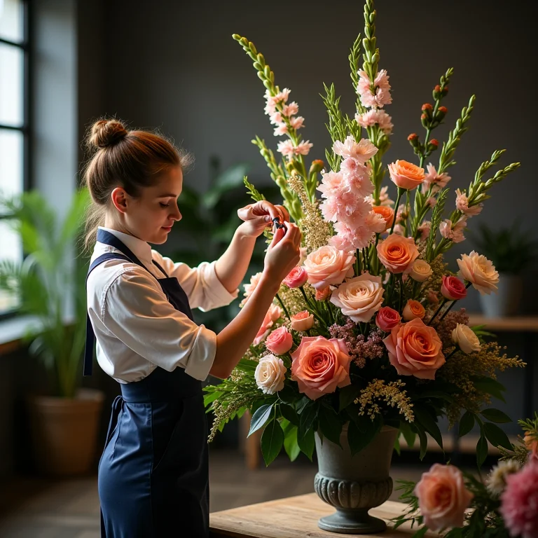 Florista montando um arranjo floral alto