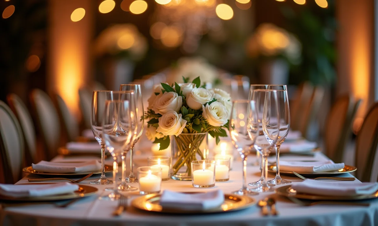 Foco de luz destacando detalhes de centro de mesa em casamento.