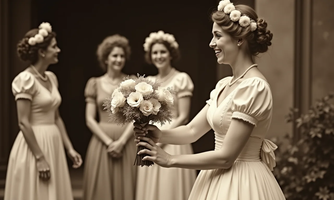 Foto antiga do lançamento do buquê em um casamento tradicional.