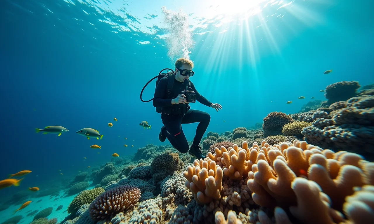 Fotógrafo subaquático usando GoPro Hero para capturar recife de coral.