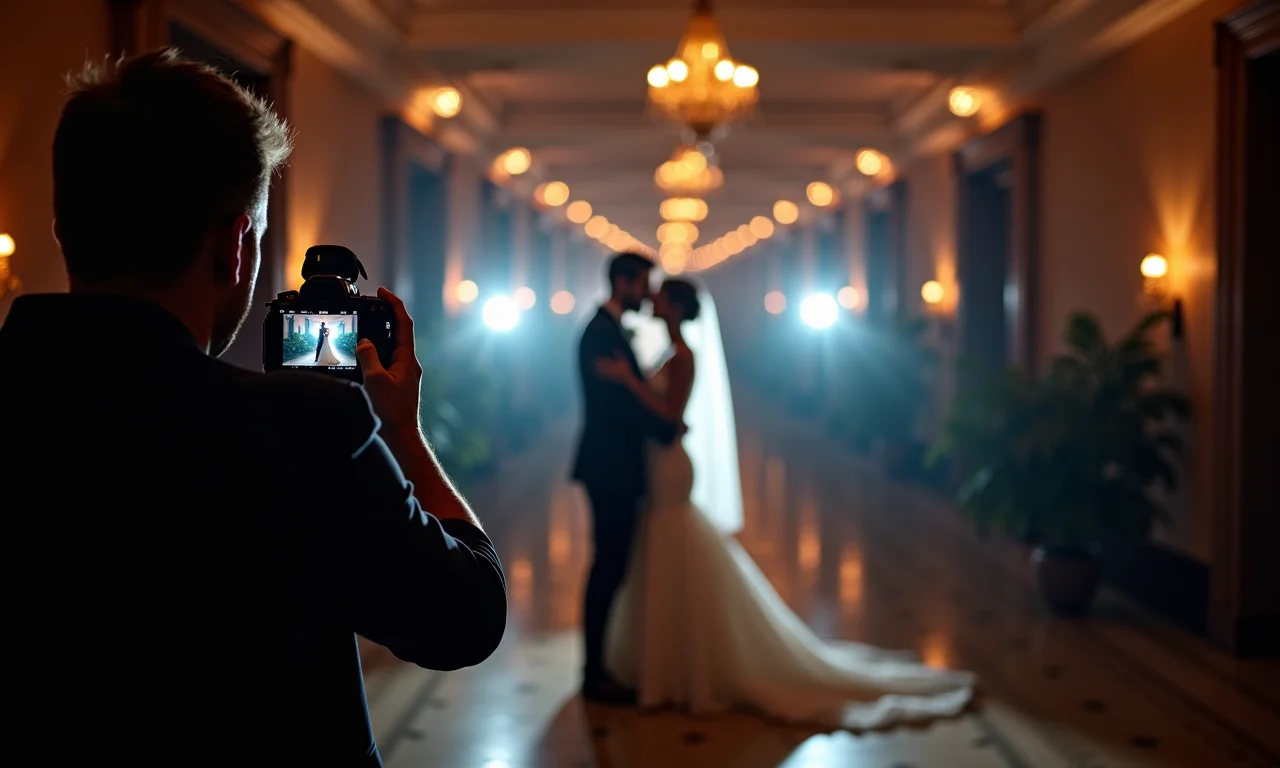 Fotógrafo usando canhões de luz para fotos de casamento.