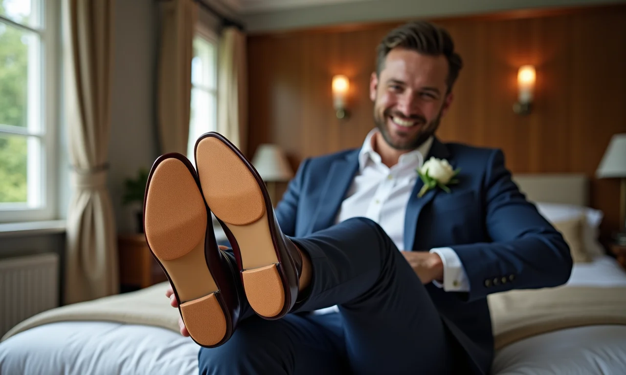 Garantindo o conforto do sapato durante a festa de casamento.