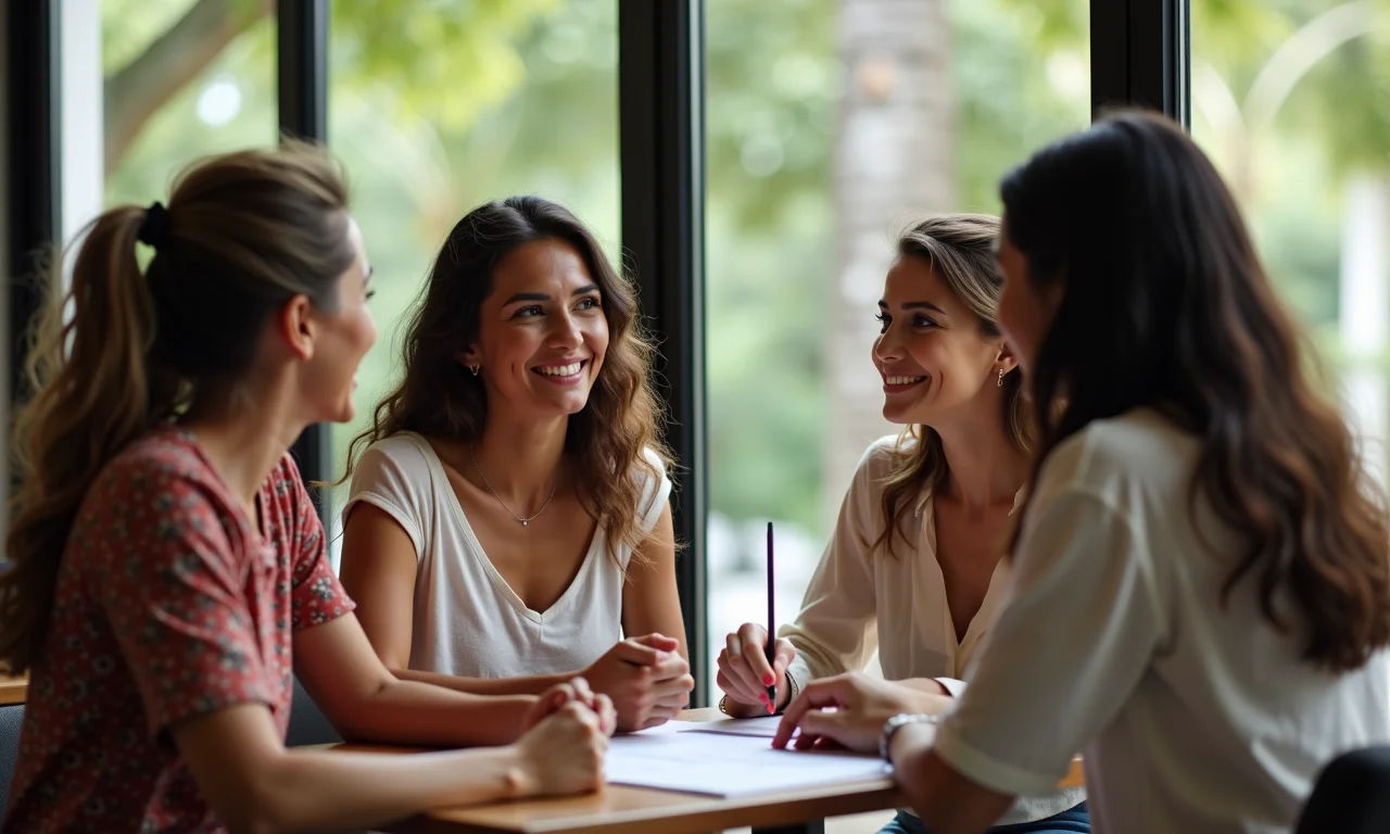 Grupo de mulheres discutindo dúvidas sobre o planejamento de um casamento intimista.