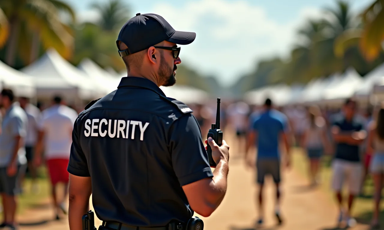 Guarda de segurança patrulhando a área de um evento, garantindo a segurança patrimonial.
