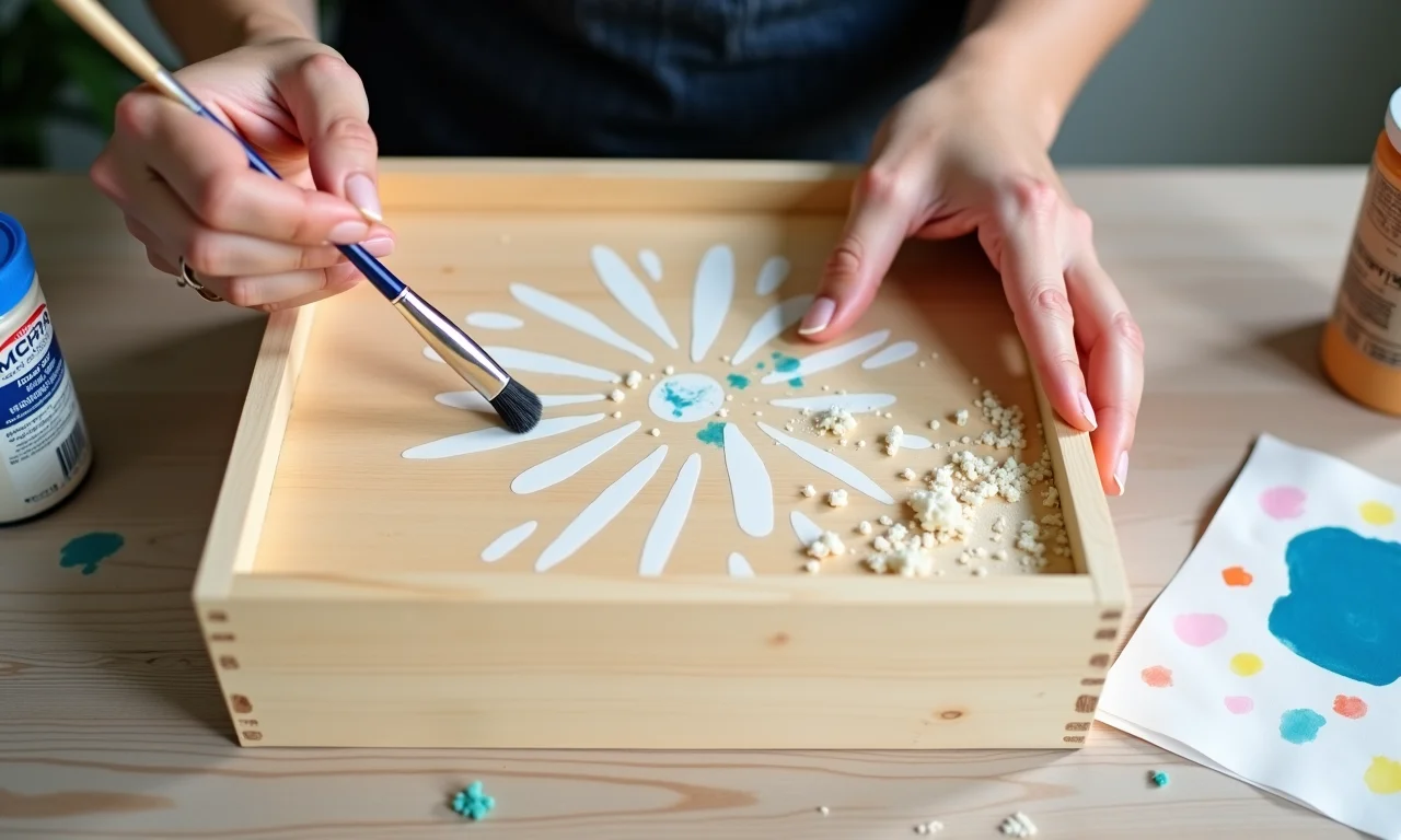 Guia prático de como decorar caixas de madeira com tinta e estêncil.