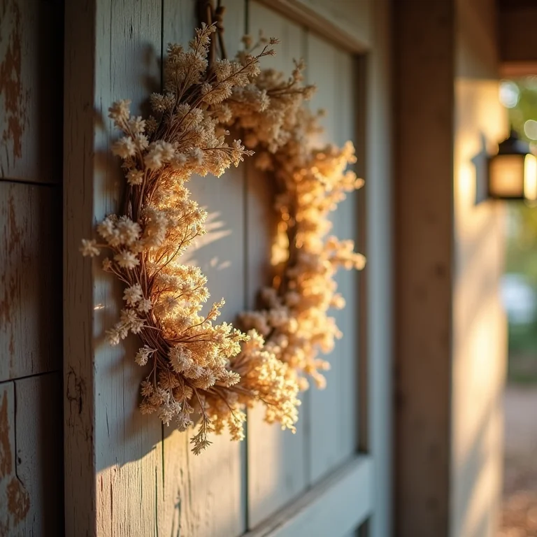 Guirlanda de flores secas pendurada em porta de madeira.