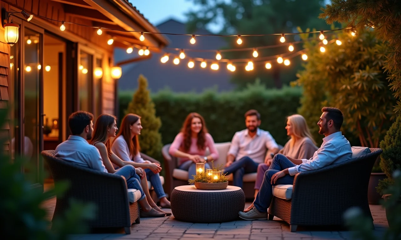 Iluminação aconchegante destacando móveis de vime em área externa.
