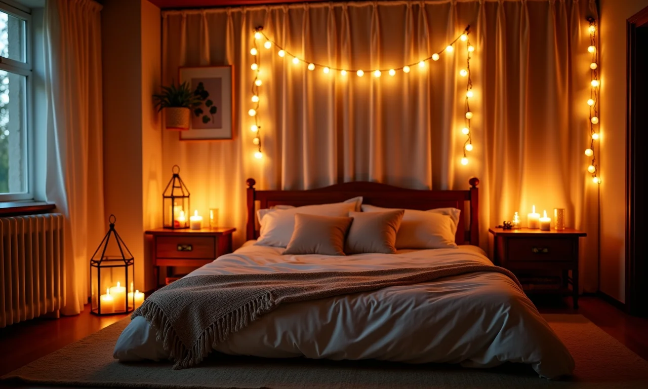 Iluminação boho chic com velas, luzinhas e lanternas.