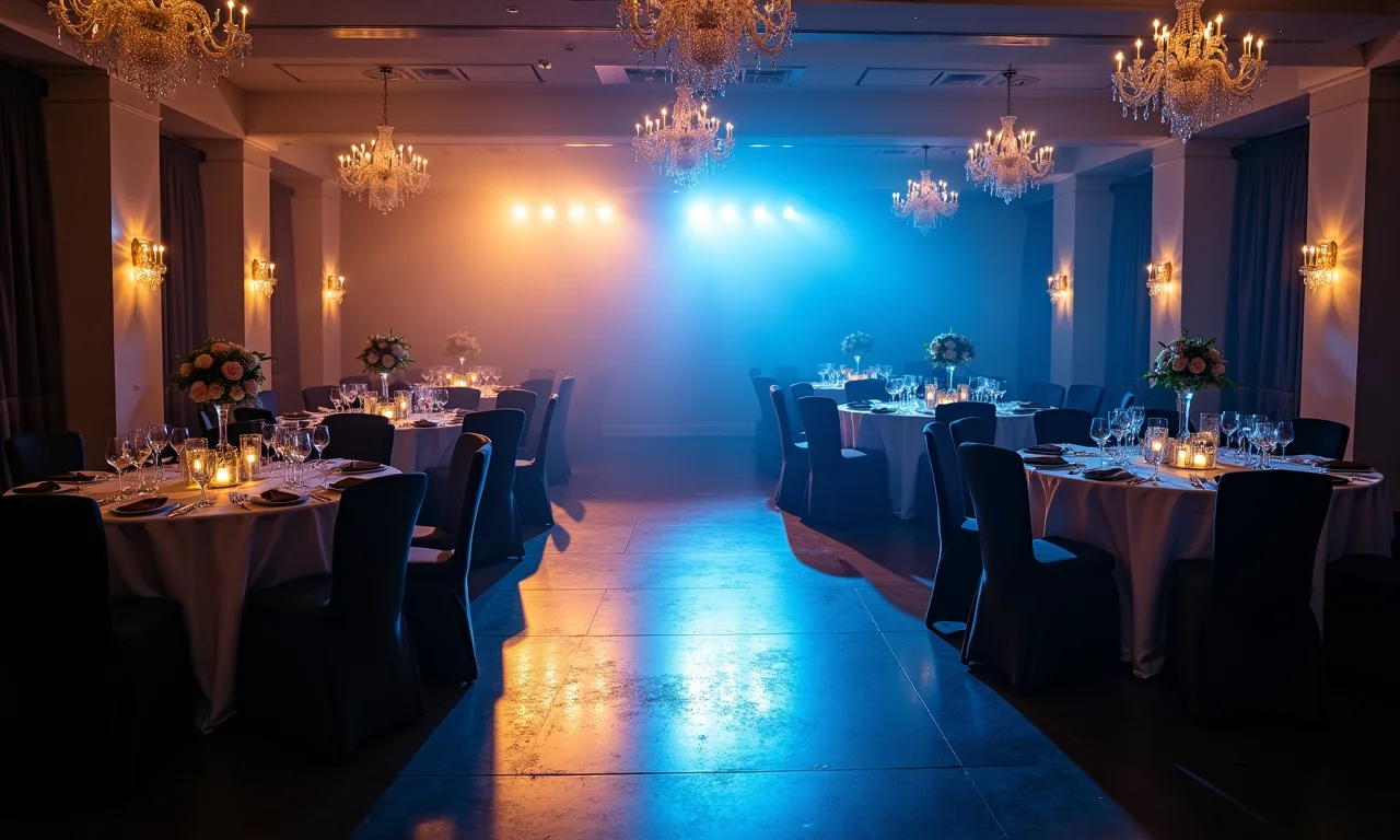Iluminação cênica em preto e branco criando diferentes atmosferas na recepção de casamento.