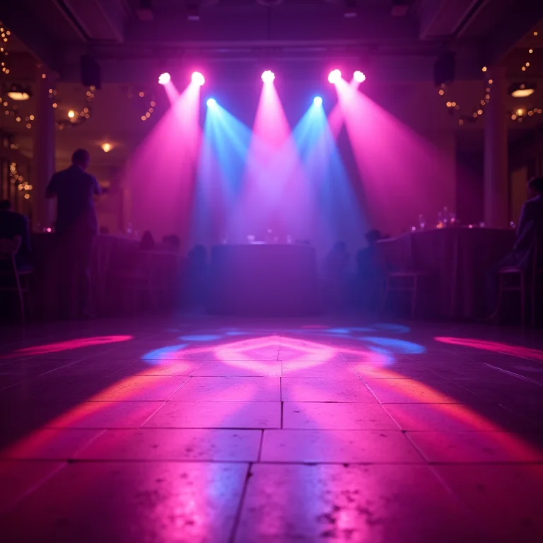 Iluminação dinâmica transformando a pista de dança em um casamento.