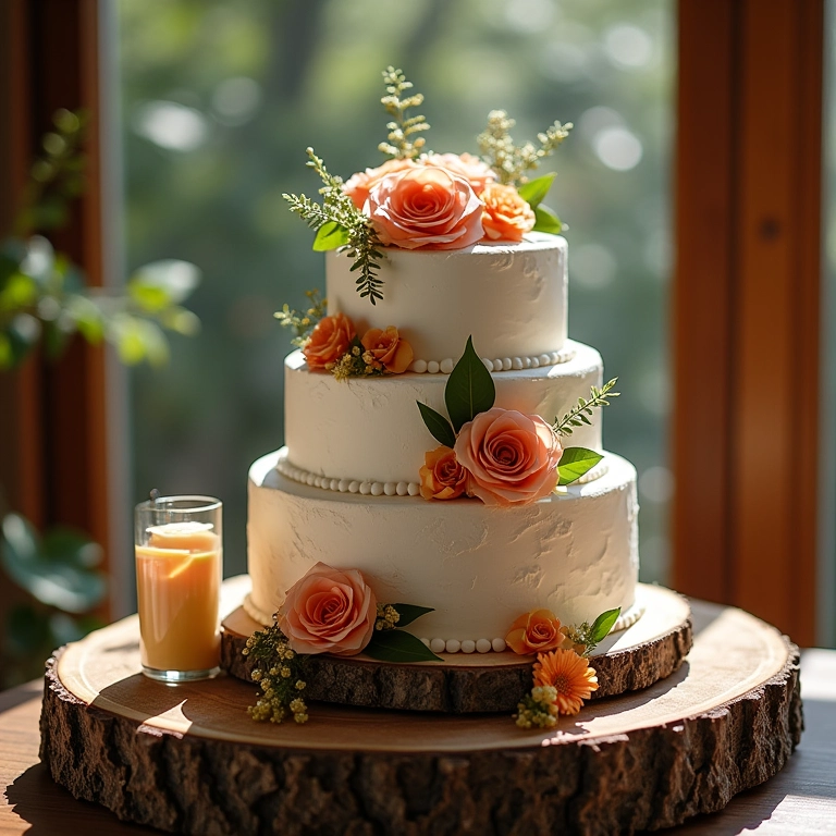 Iluminação focada destaca bolo de casamento decorado com flores.