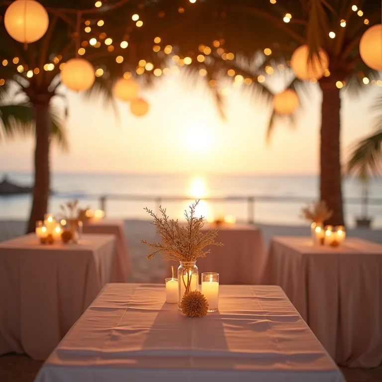 Iluminação romântica para recepção de noivado na praia.
